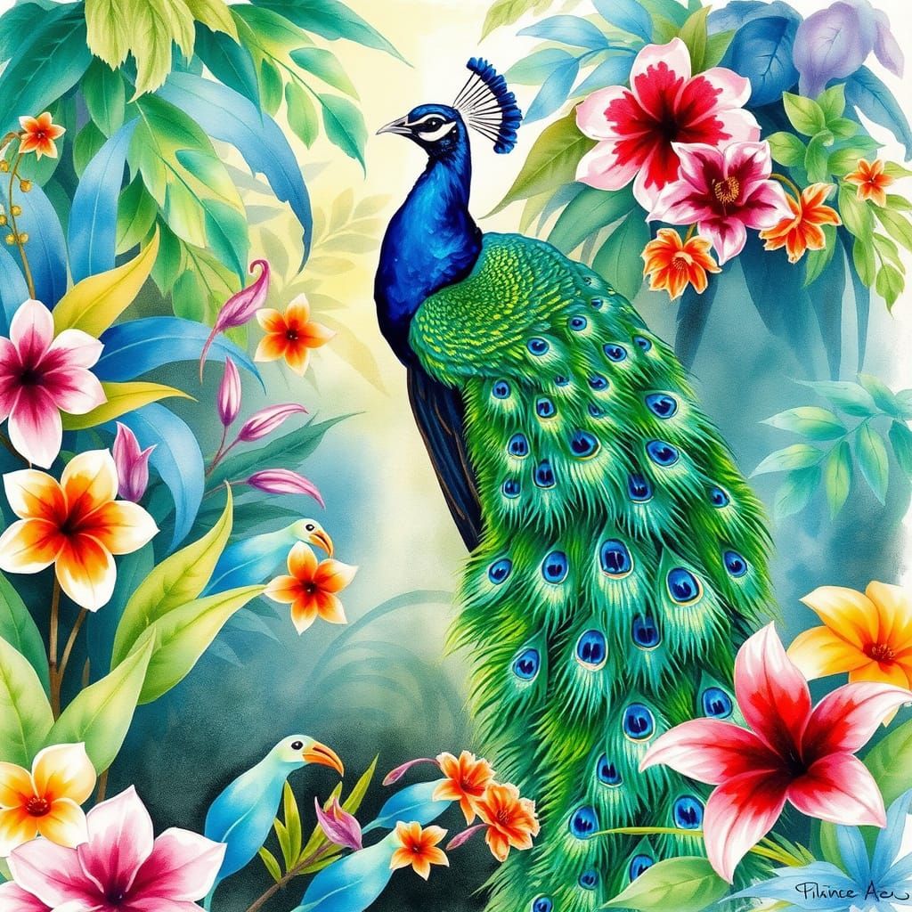 Majestic Peacock in Lush Jungle Scene