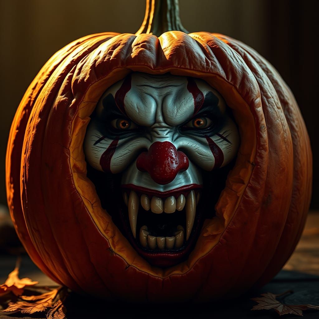 Terrifying Vampire Clown Pumpkin: Hyperrealistic Digital Art