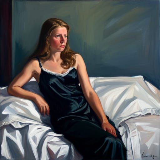 Girl in Black Nightgown, Oil Painting Style