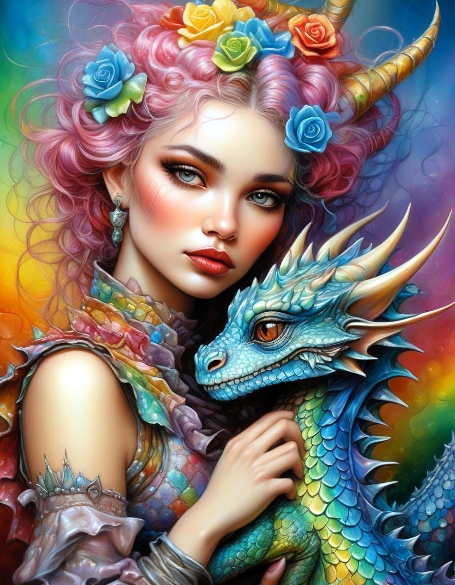Whimsical Fantasy Portrait of Young Woman and Baby Dragon
