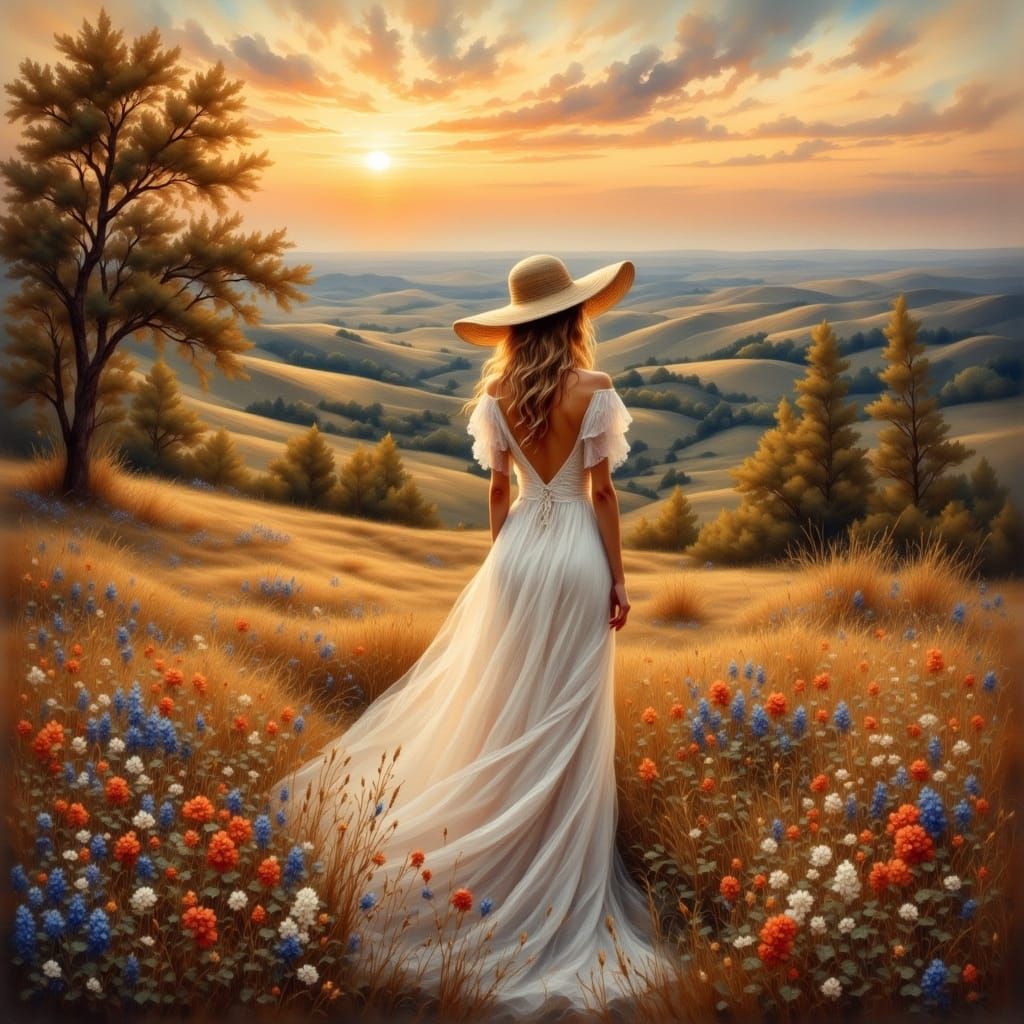 Elegant Southern Belle in Dreamy Landscape, Antique Watercol...