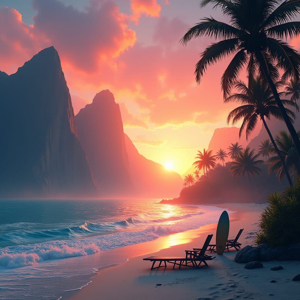 White Sand Beach Sunset in Detailed Matte Painting Style