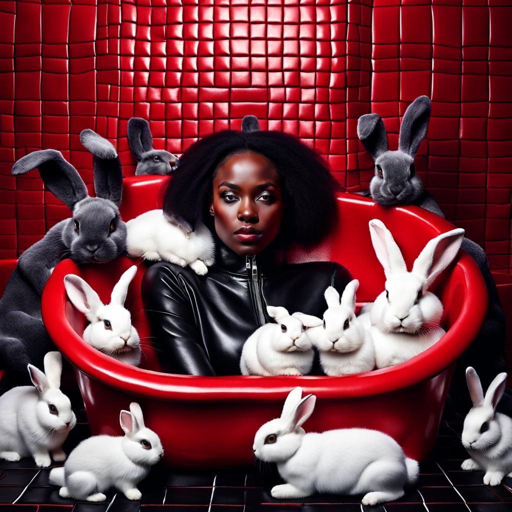Surreal Leather Woman in Bathtub with Rabbits