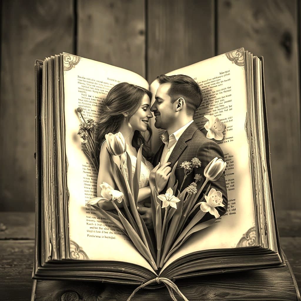 Romantic Couple Emerges from Vintage Book in Vibrant Floral ...