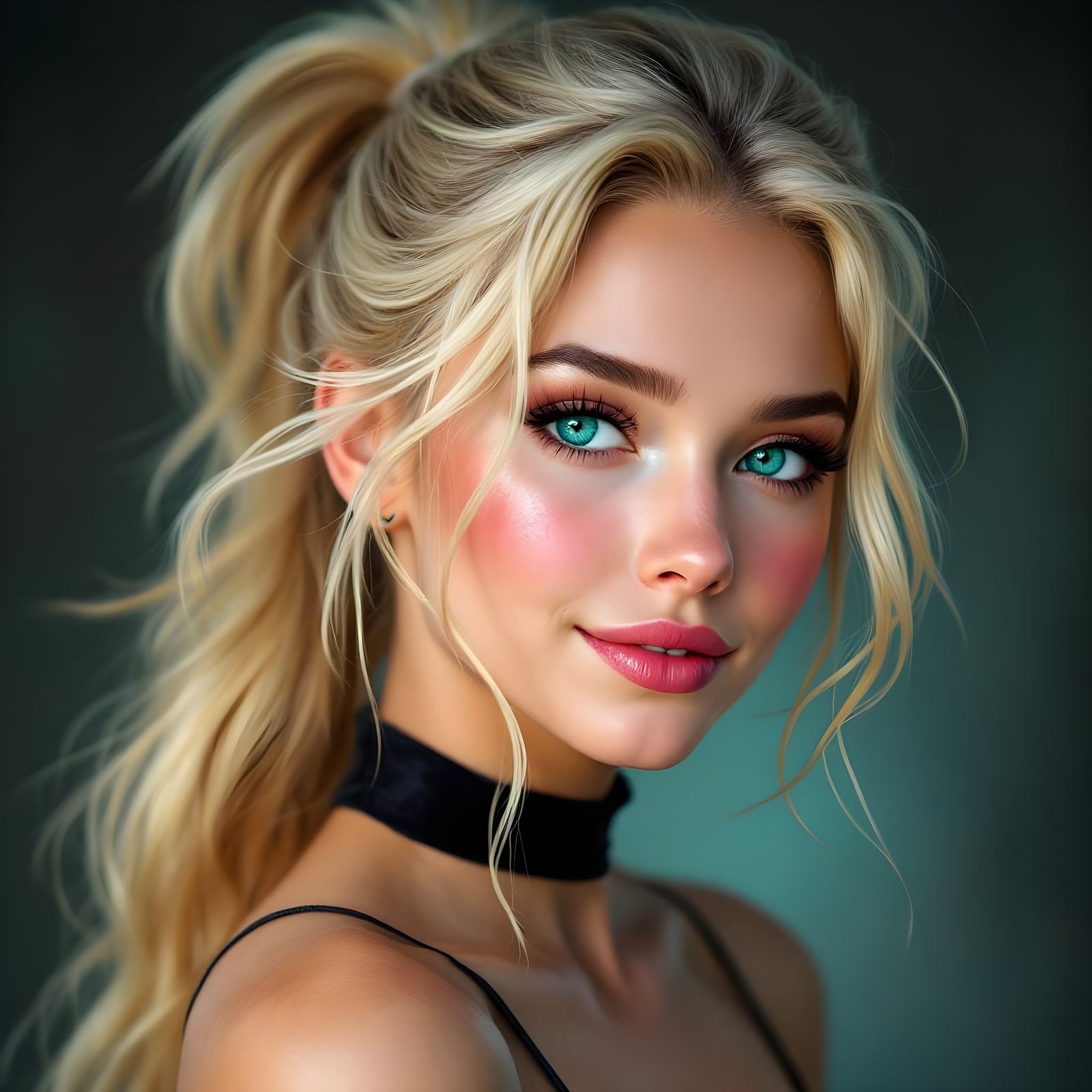 Norse Goddess Portrait with Blonde Ponytail and Turquoise Ey...
