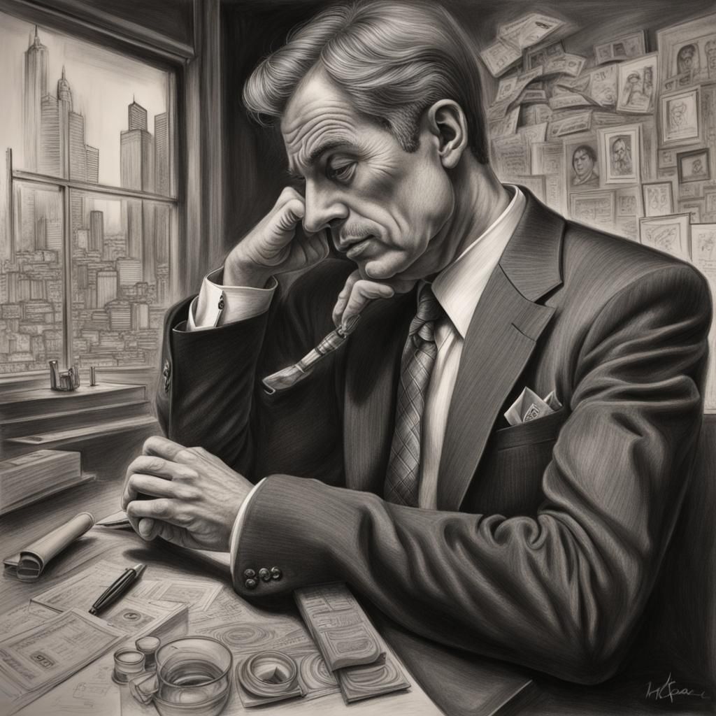 Businessman Deep in Thought: Hyperdetailed Charcoal Drawing