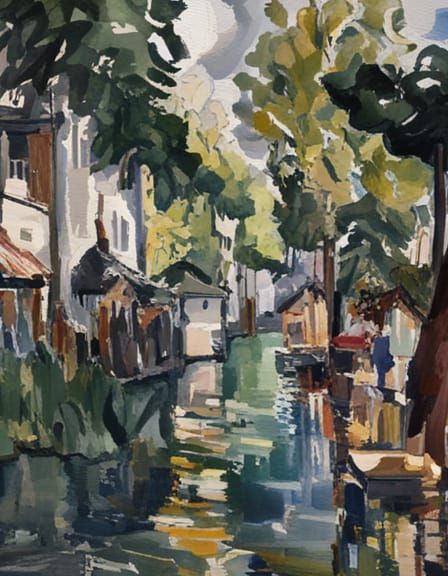 Village River in Gouache Impressionist Style