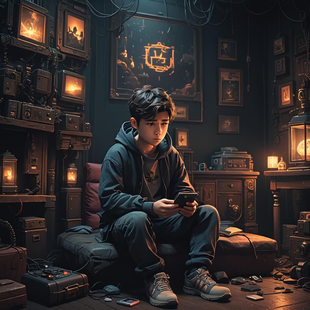 Lofi Boy Watching Phone in Dark Room