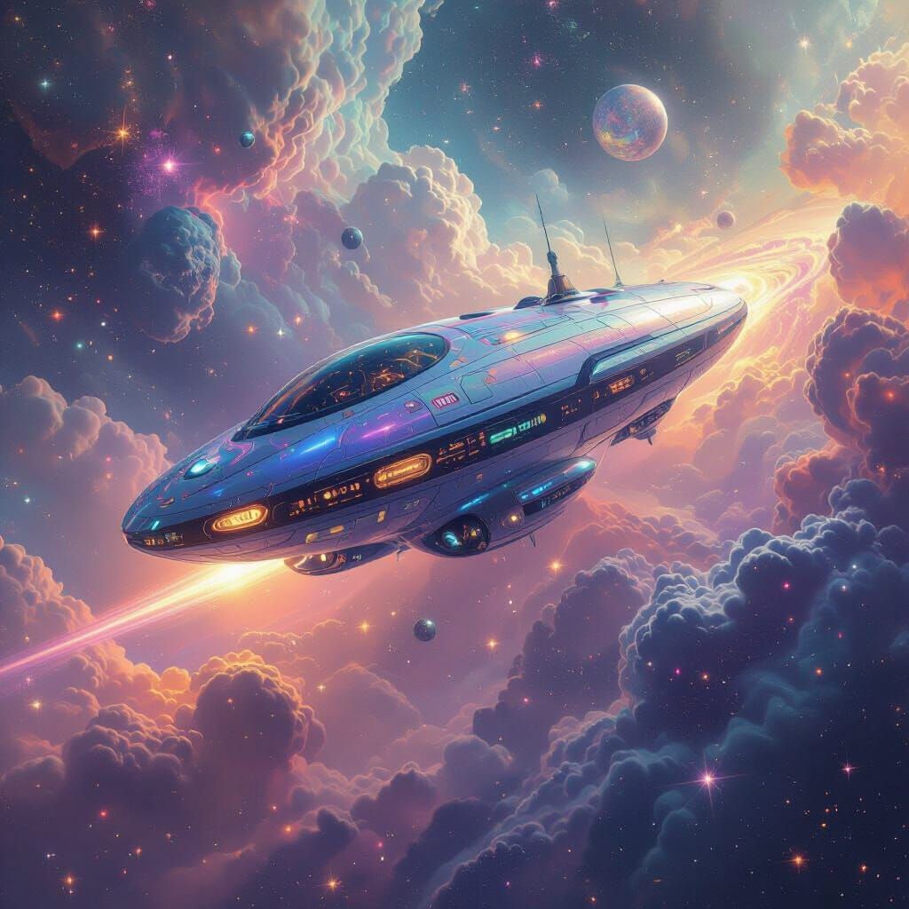 Iridescent Spacedrone Drifting Through Ethereal Nebula