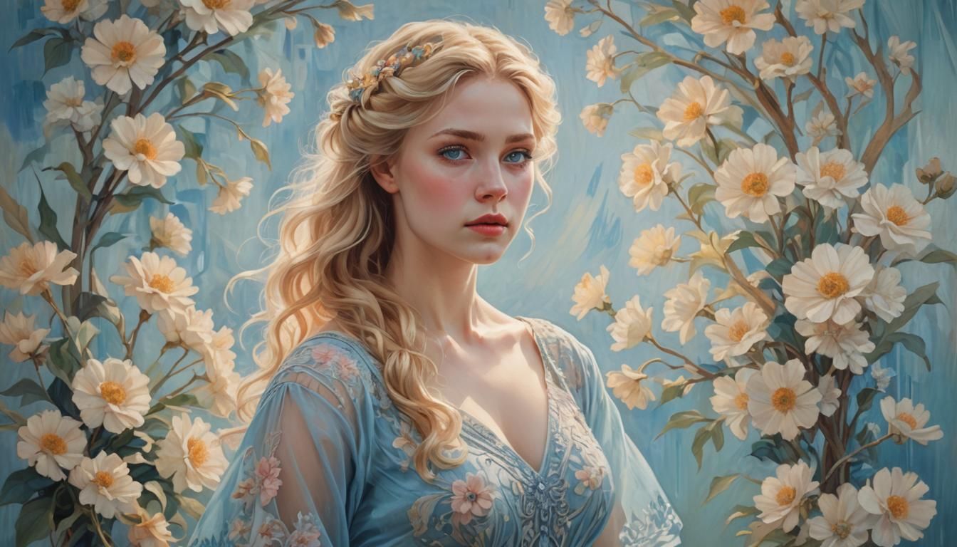 Impressionist style painting depicting a full body blonde pin-up, hair styled up, showcasing striking blue eyes with pro...