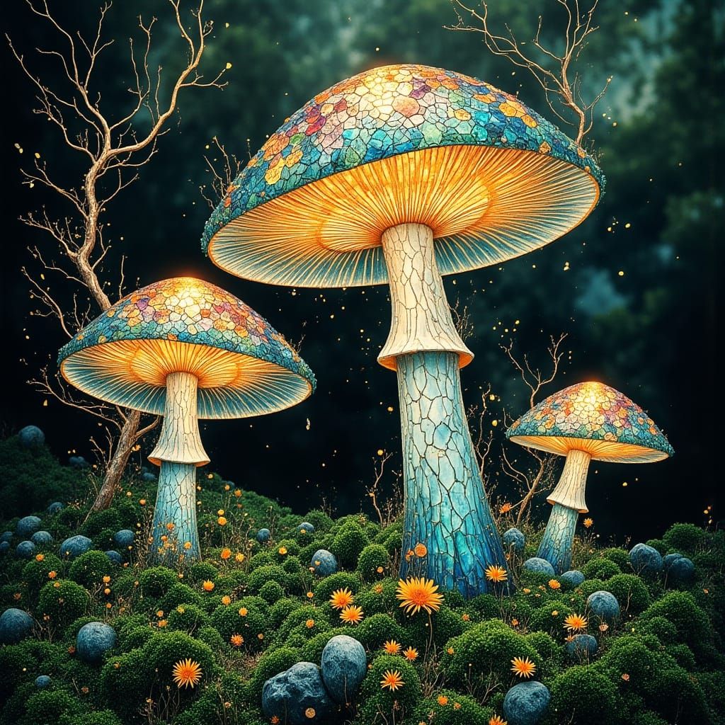 Close-up of three vibrant, intricately detailed stained glass mushrooms