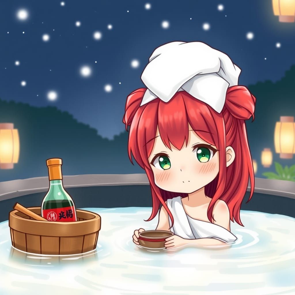 Chibi Girl in Hakone Onsen Under Starry Sky