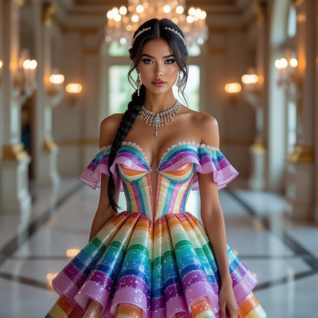 Woman in Rainbow Crystal Geode Dress in Ballroom