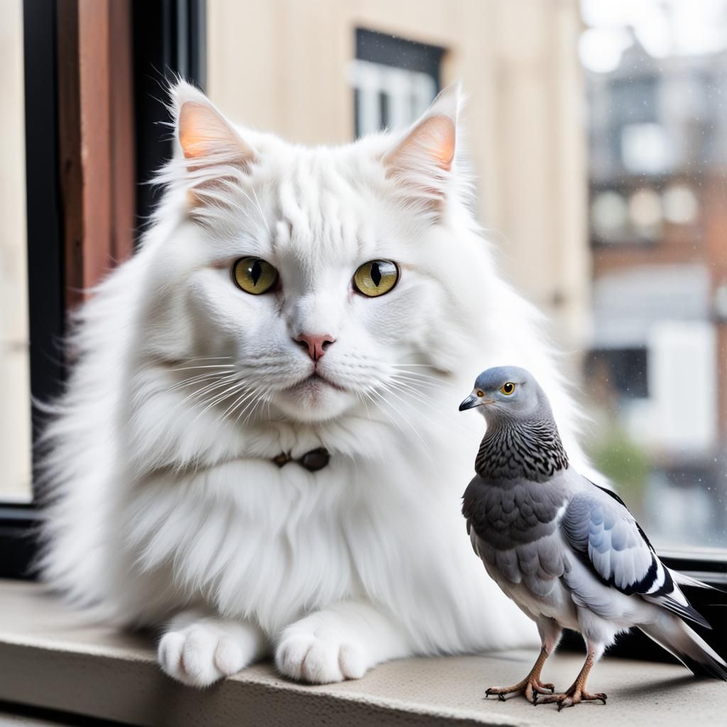 White Cat Gazing at Pigeon Through Window