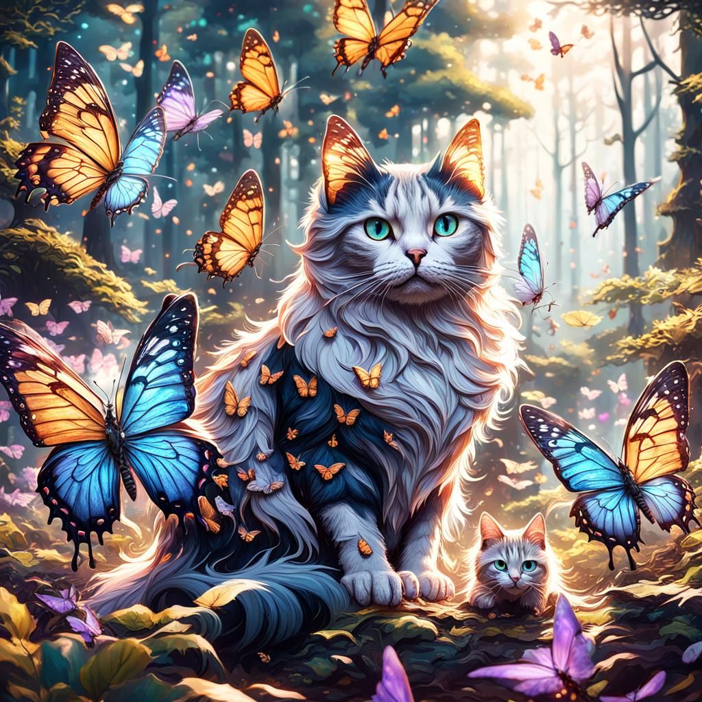 Whimsical Forest Scene with Flying Cats