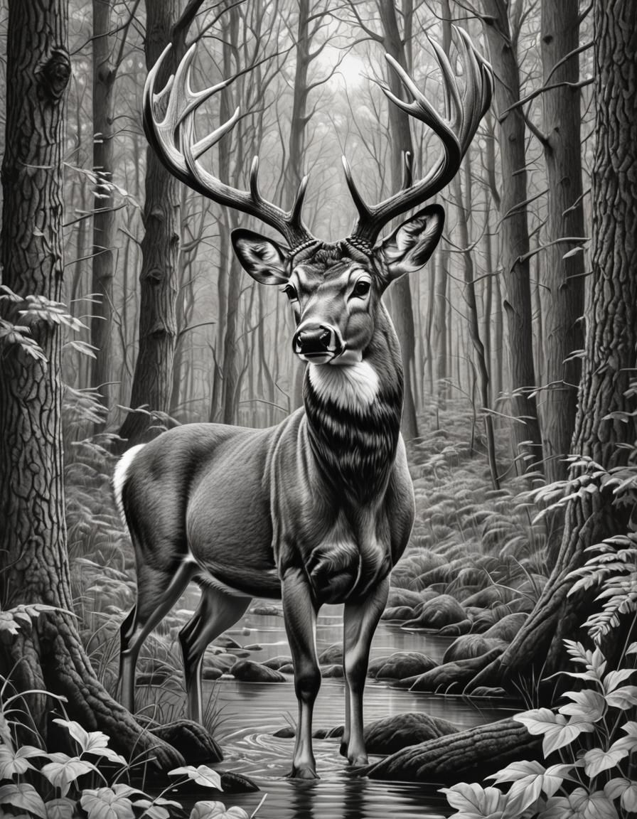 Detailed Pencil Sketch of Buck and Duck in Woods