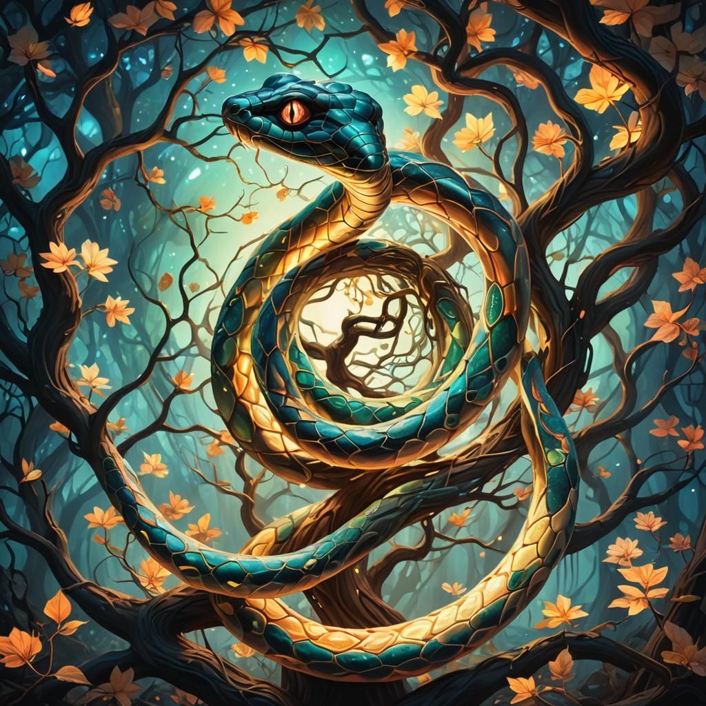Ethereal Snake Coils Through Ancient Glowing Tree