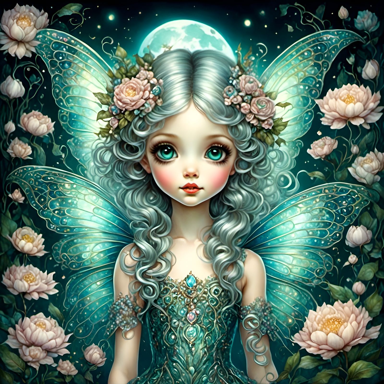 Ethereal Fairy in Moonlit Garden, Watercolor Style