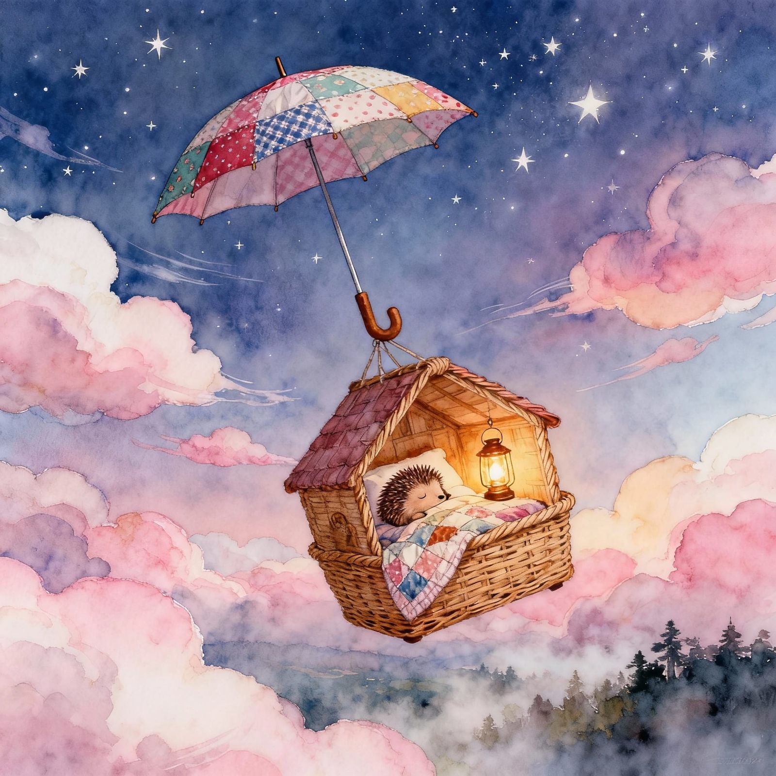 Hedgehog's Dreamy Umbrella Cabin Floating in Candy Clouds