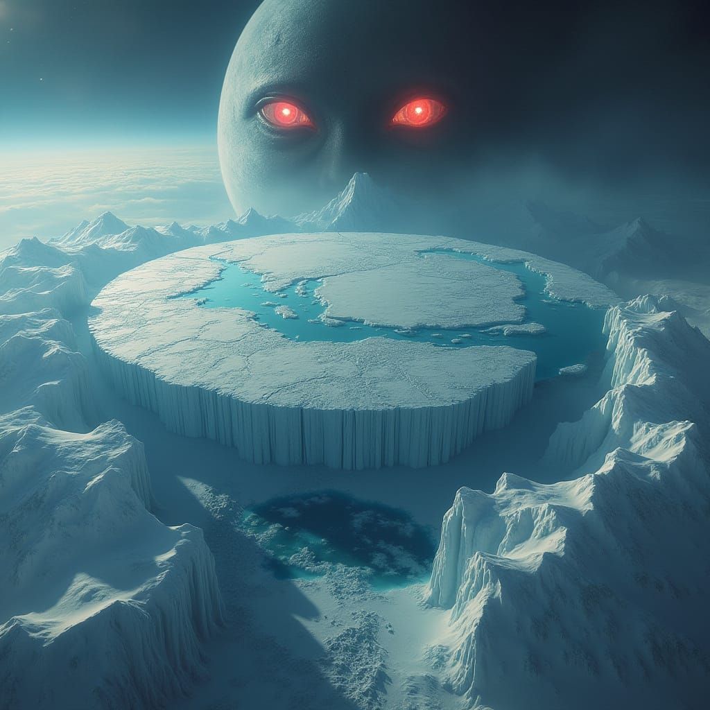 Surreal Flat Earth Under Glass Dome in Sci-Fi Style