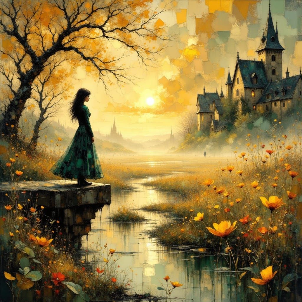 Vibrant Spring Scene in Oil, Watercolor, and Ink