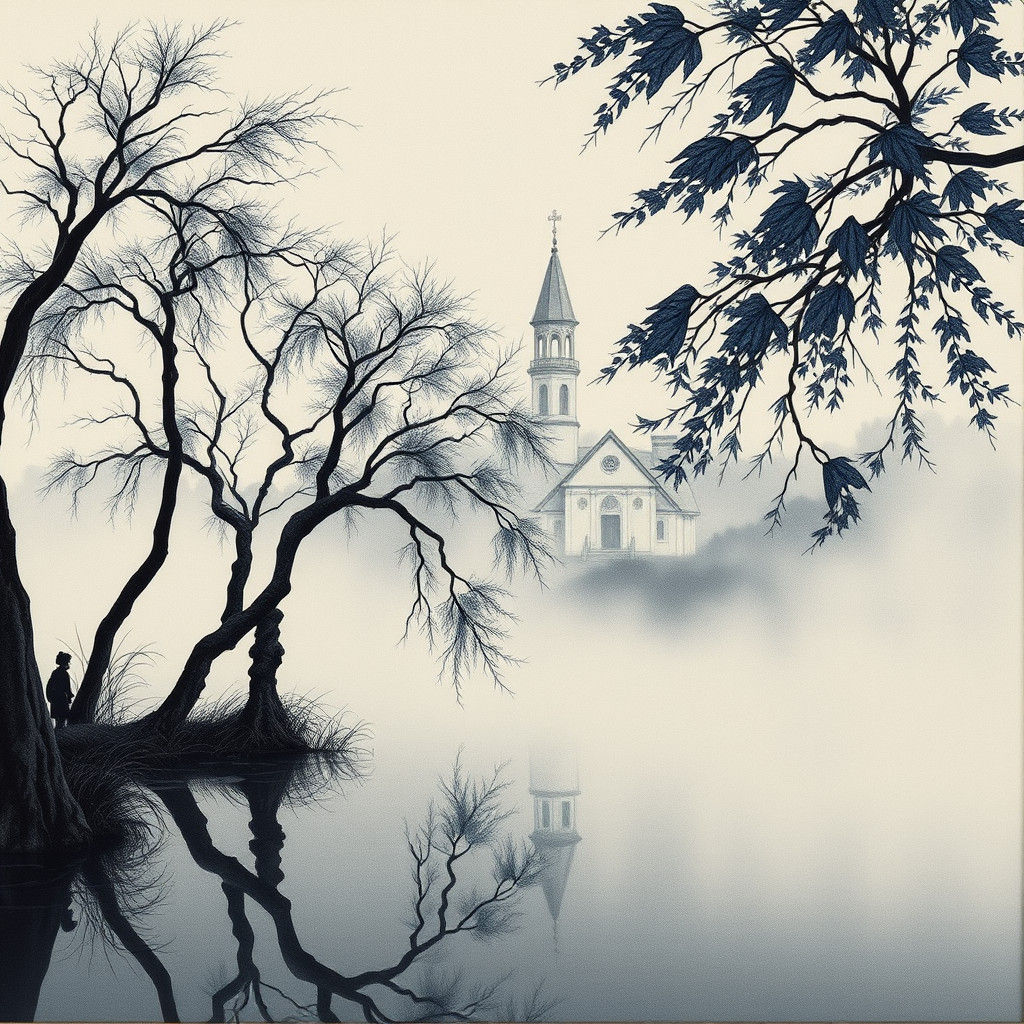 Girl by Church in Ukiyo-e Style with Fog