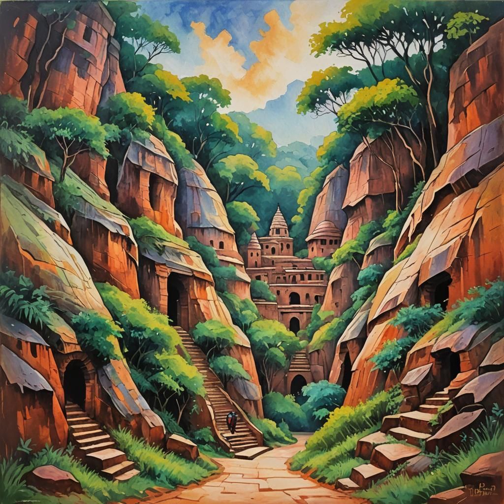 Indian Caves: Expressionist Oil Painting in Impasto Style