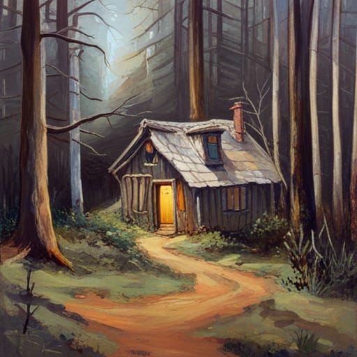 Cozy Hansel and Gretel Cabin in Oil Painting Style