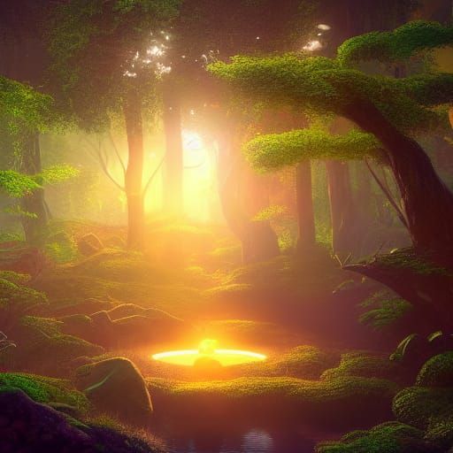 Glowing Well in Green Forest: Fantasy Concept Art