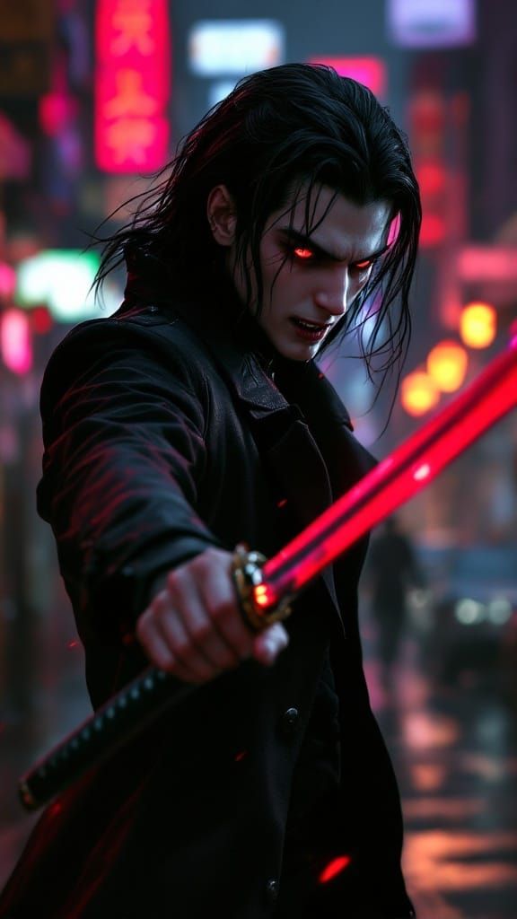 Vampire Katana Duel in Cyberpunk Cityscape