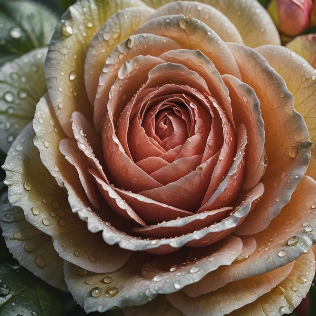 Hyper-Realistic Camelia in Misty Garden, Macro Photography