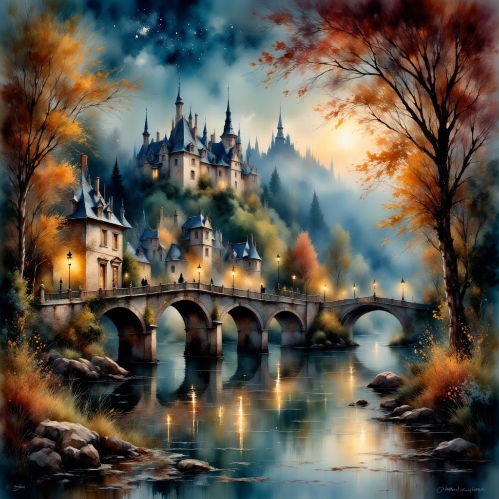 Enchanting Autumn Riverside Town at Night