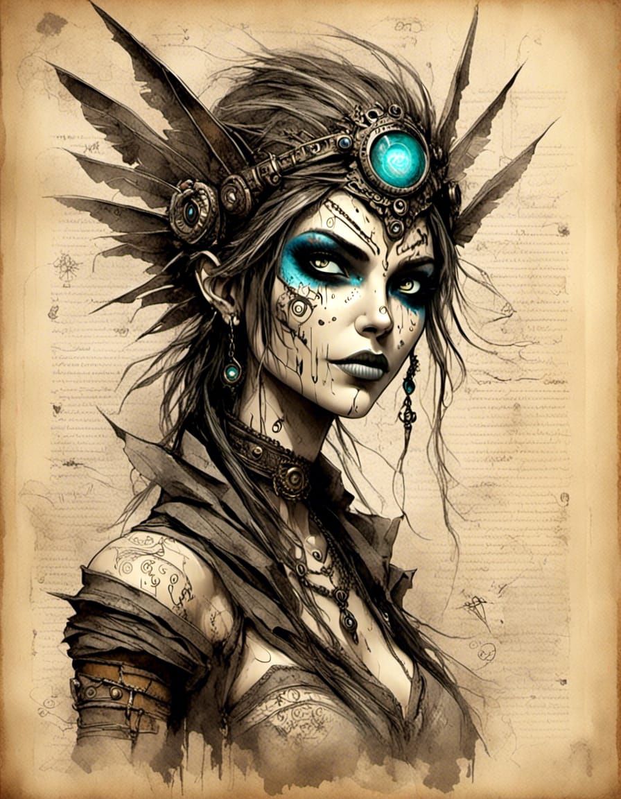 Punk Fairy on Papyrus, Surreal Fantasy Art