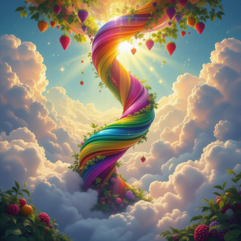 Giant Rainbow Beanstalk Ascends to Cloud Garden