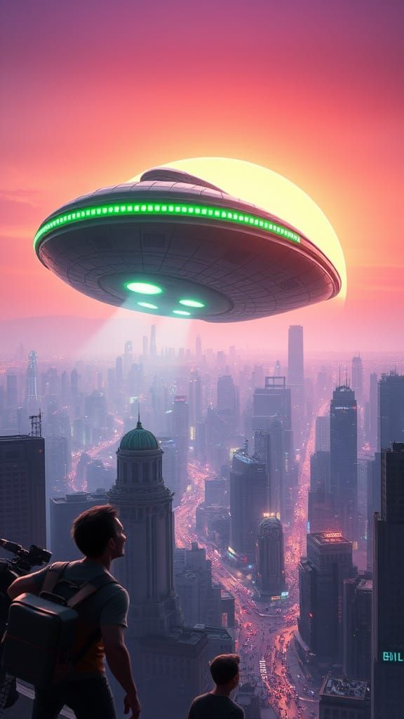 Sleek Alien Spaceship Dominates Futuristic Cityscape