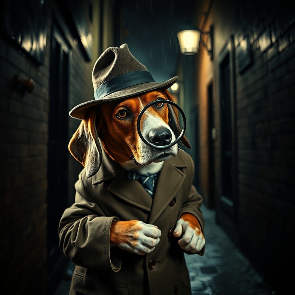 Beagle Detective Investigates Clues in Noir Style