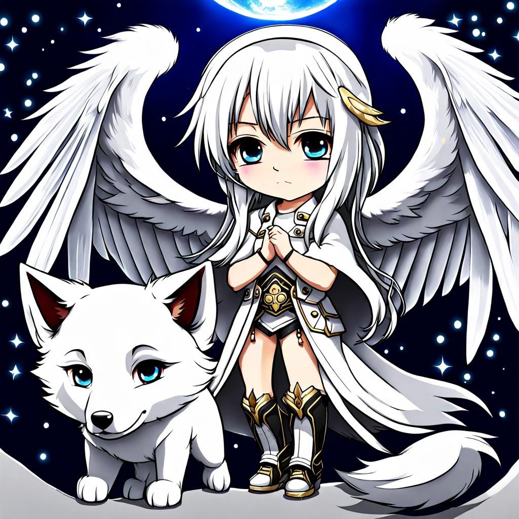 Chibi Angel with White Wolf in Anime Style