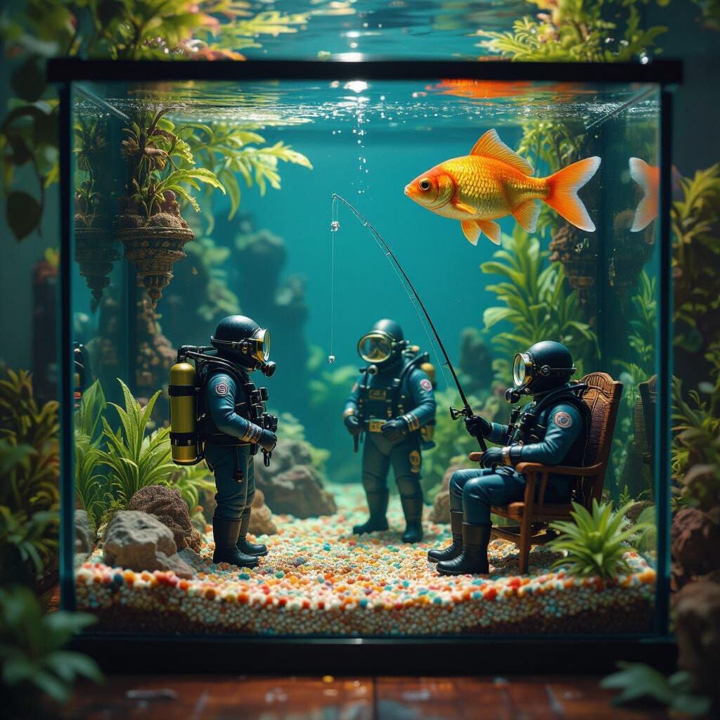 Miniature Divers and Giant Goldfish in Fantasy Aquarium