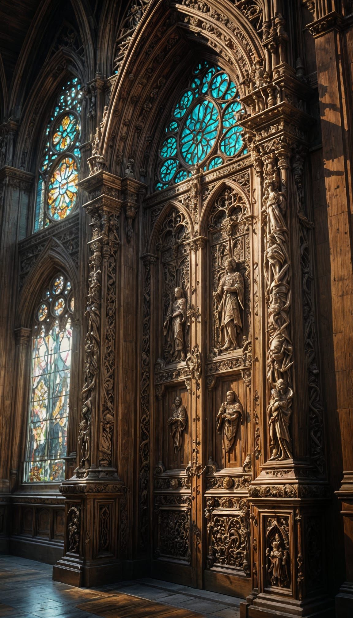 Gothic Cathedral Doors Carved in Wood Relief