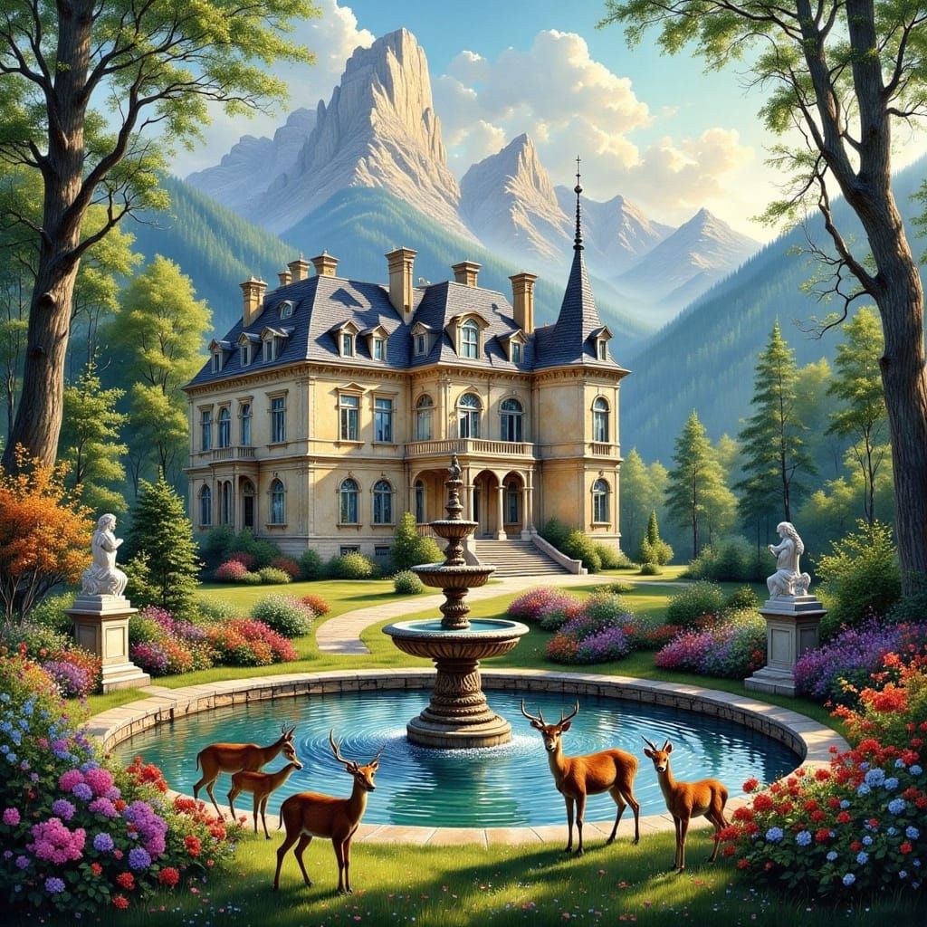 French Chateau Spring Landscape in Watercolor Style
