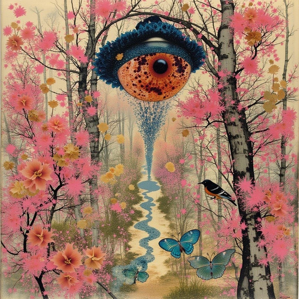 Eye Watches Bird: Surreal Art Nouveau Forest