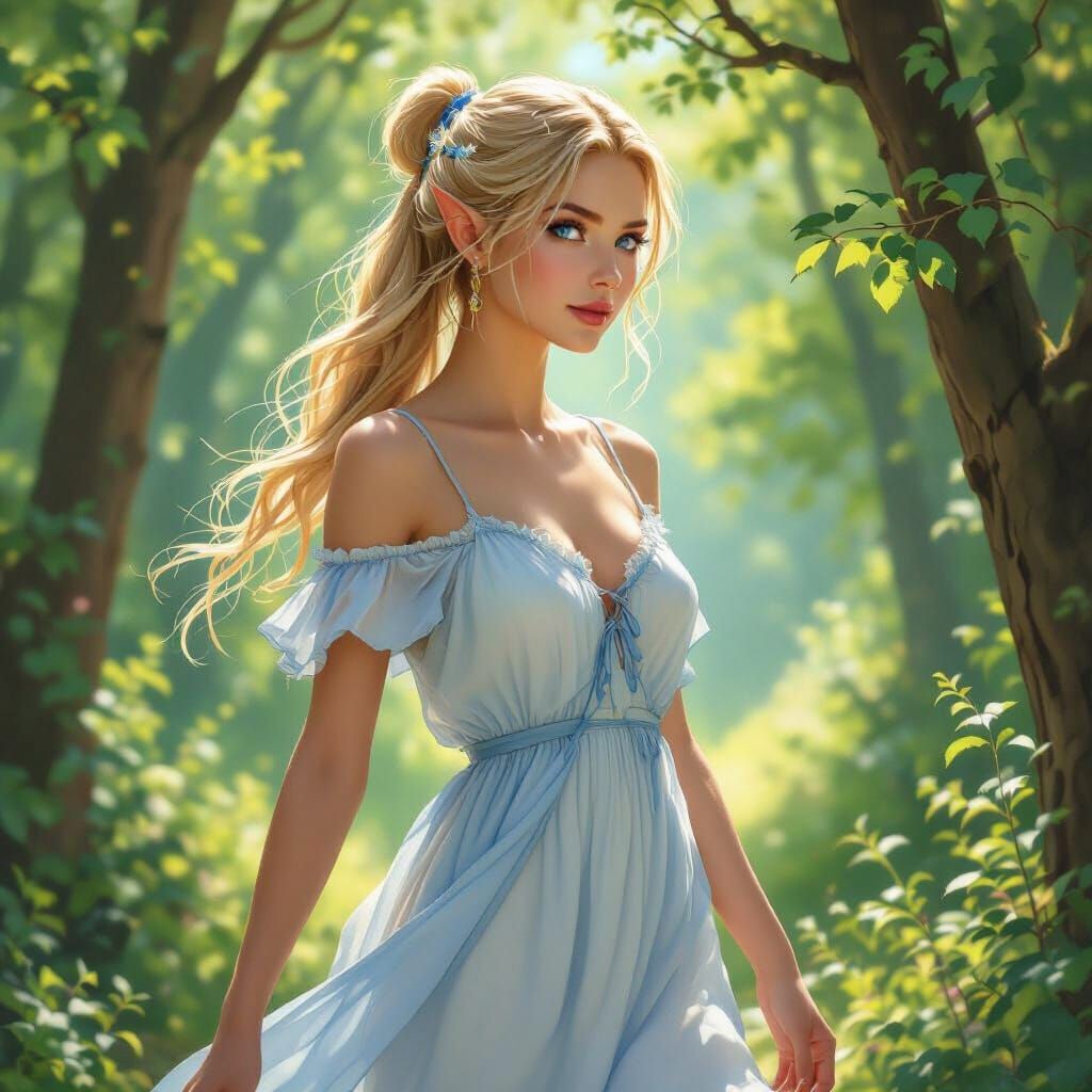 Elven Woman in Blue Sundress in Sunlit Forest