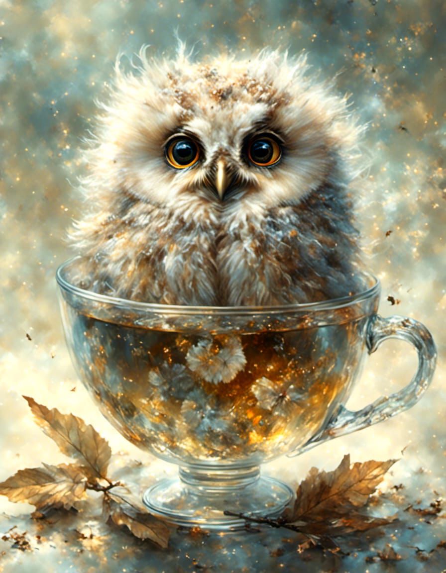 Cute Baby Owl in Teacup Matte Painting