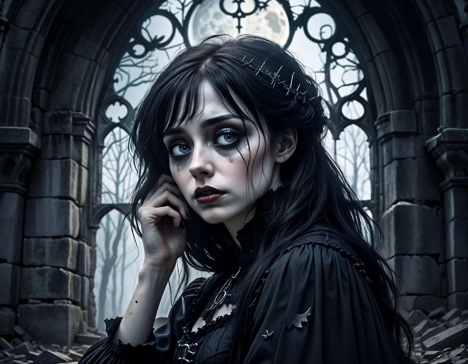 Gothic Woman Portrait in Moonlight Tears