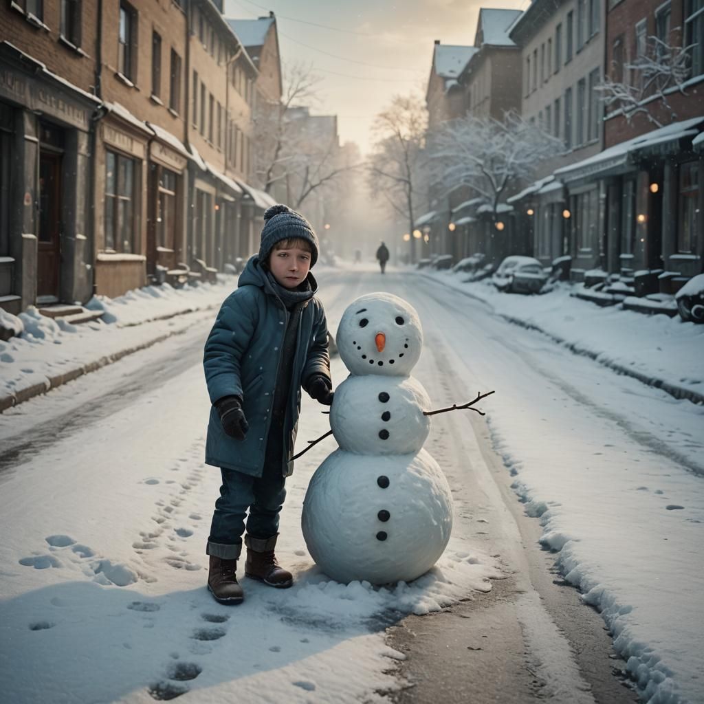 Child Builds Snowman on Winter Street: Cinematic Film Still