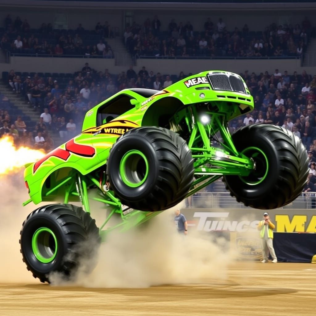 Lime Green Monster Truck Wheelie, Digital Art