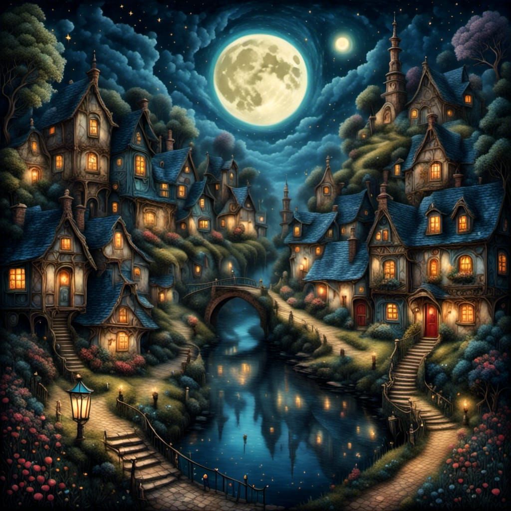 Enchanted Fae Village at Night in Oil Painting