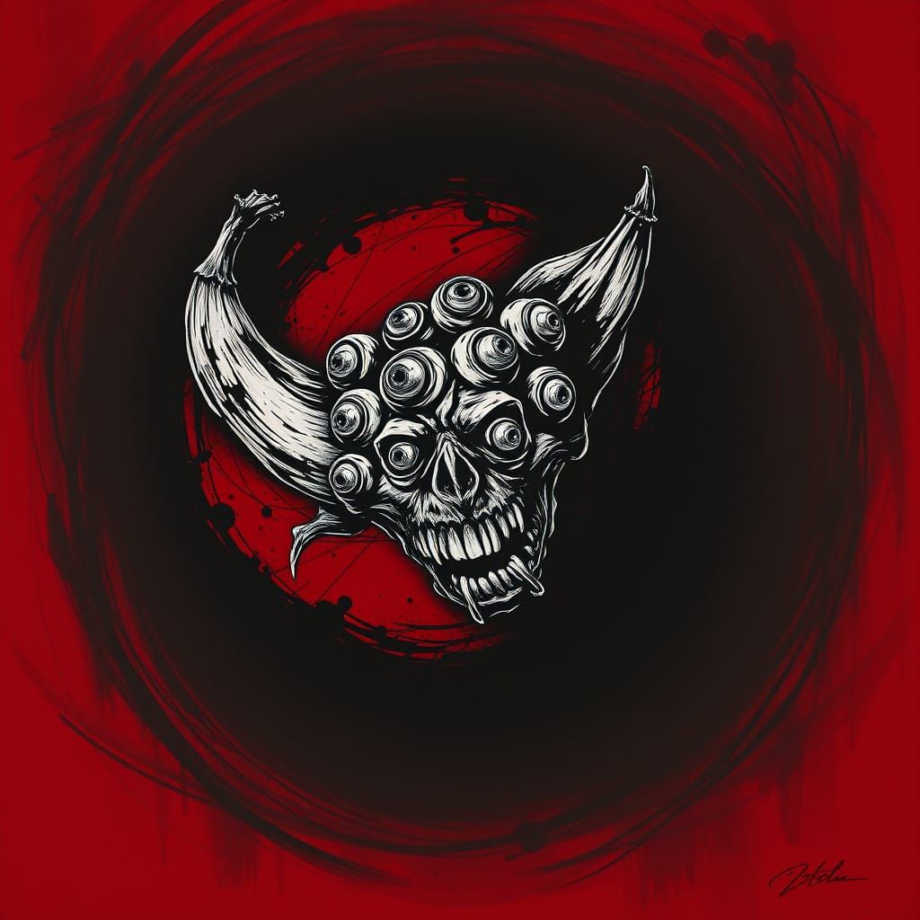 Multi-Eyed Banana Monster Emerges in Ink Splatter Art