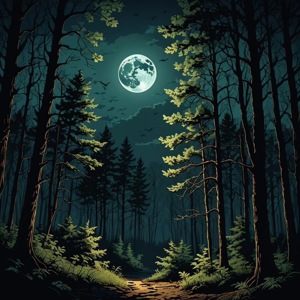Eerie Full Moon Over Dark Forest in Pop Art