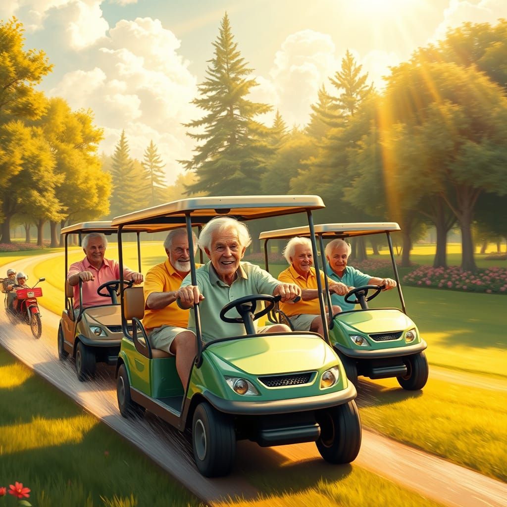 Elderly Golfers Engage in Whimsical Golf Cart Racing in a Su...